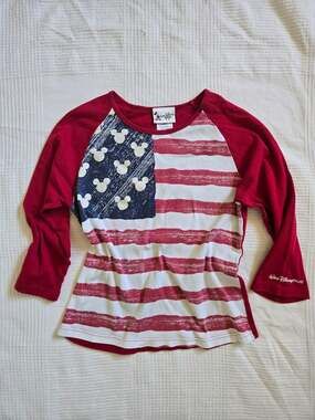 Vintage Walt Disney World Mickey American Flag 3/4 Sleeve Shirt Size Youth L